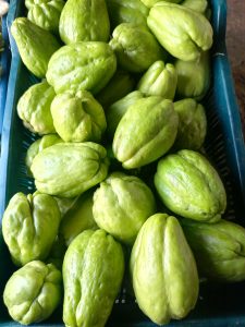 

A close-up of shiny green chayote squash with smooth, wrinkled surfaces.