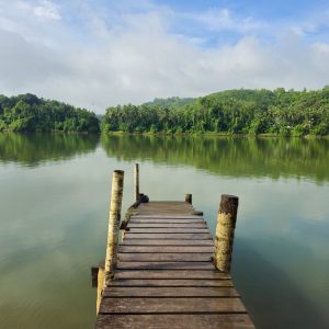 A peaceful wooden pier extends over a calm river surrounded by lush green trees in Perumanna, Kozhikode, Kerala. The blue sky and water reflections enhance the tranquil mood. 