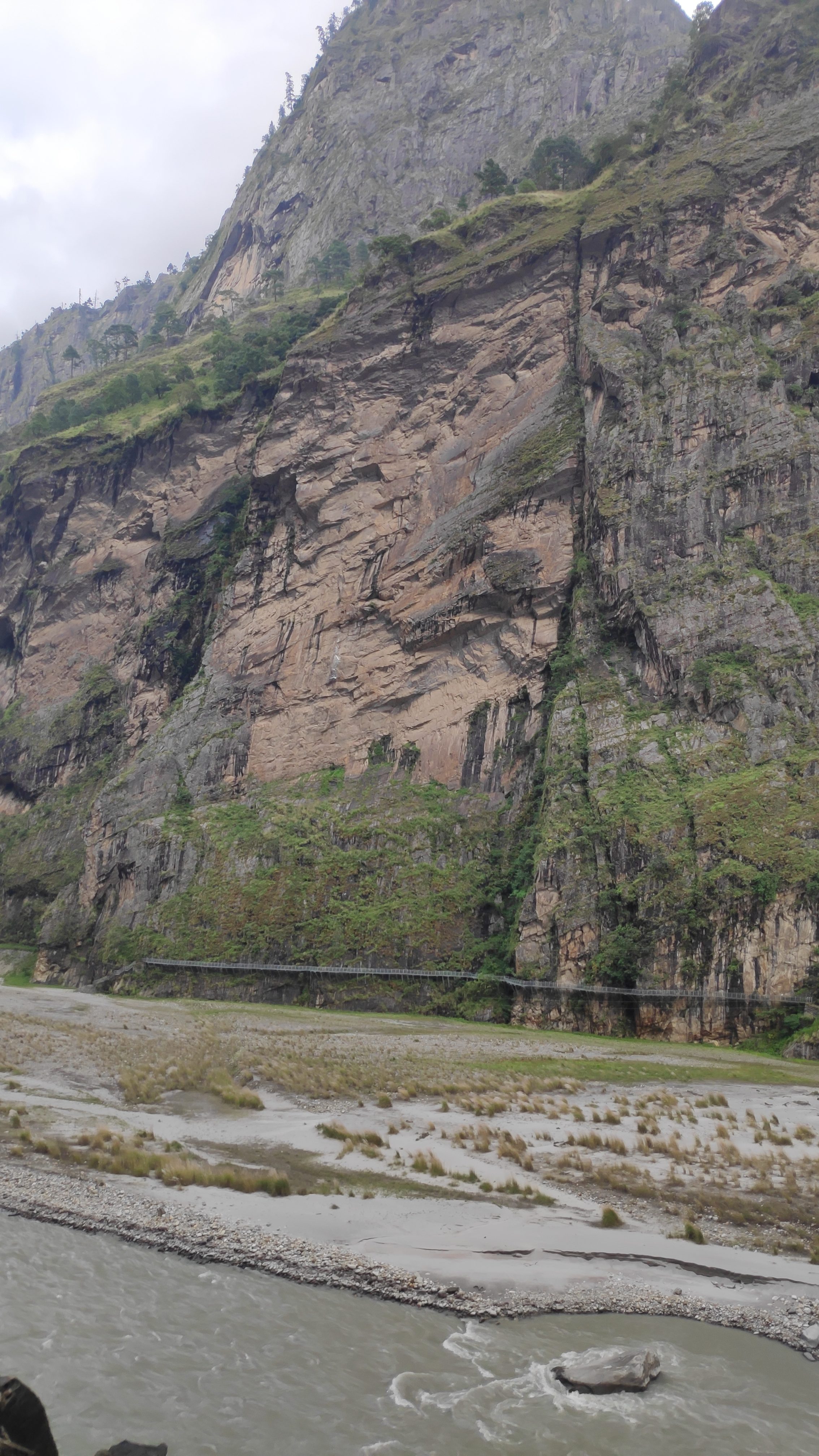 A rocky cliffside with layers of stones and greenery, rising steeply above a riverbank. 