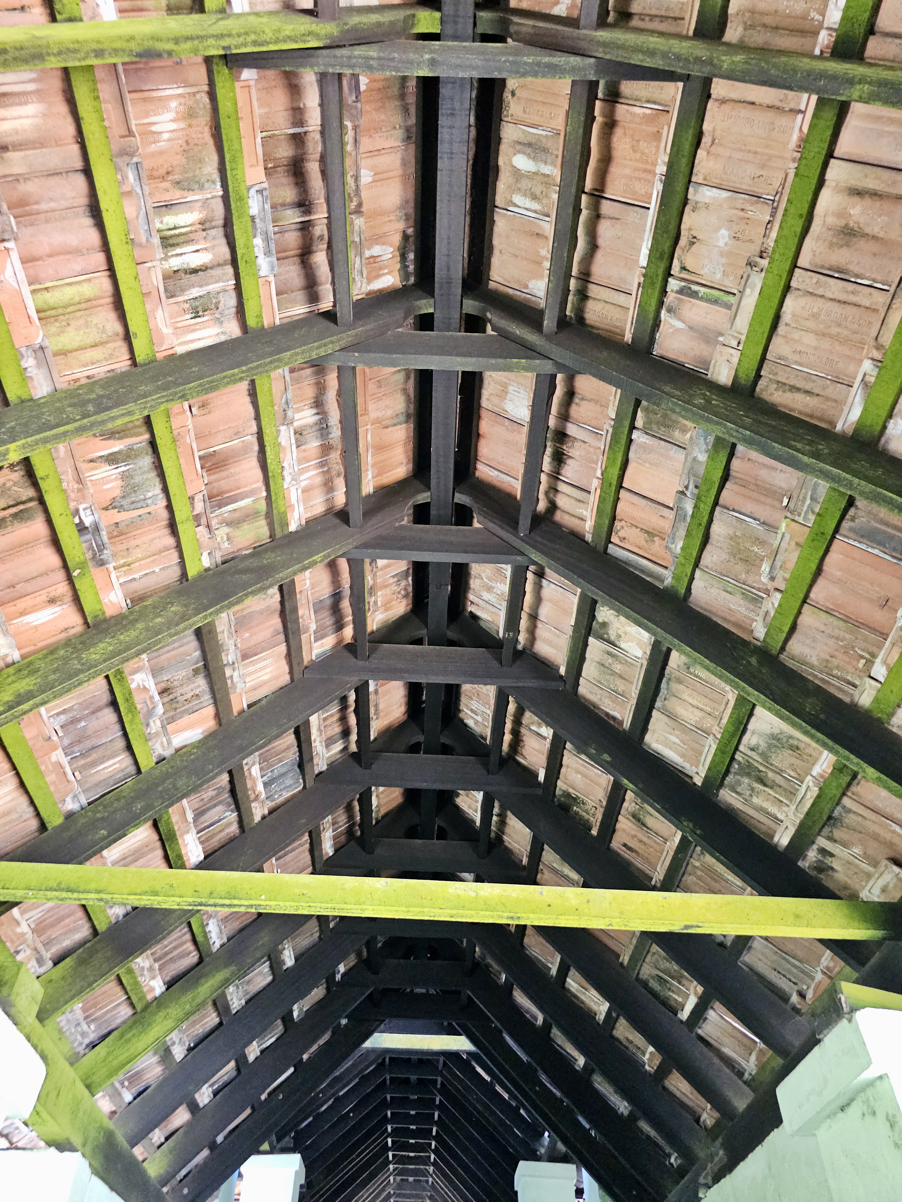 Looking up at a sloped clay tile roof supported by exposed wooden beams. Some green moss adds texture. Captured at Hill Palace, Thrippunithura, Kerala.
