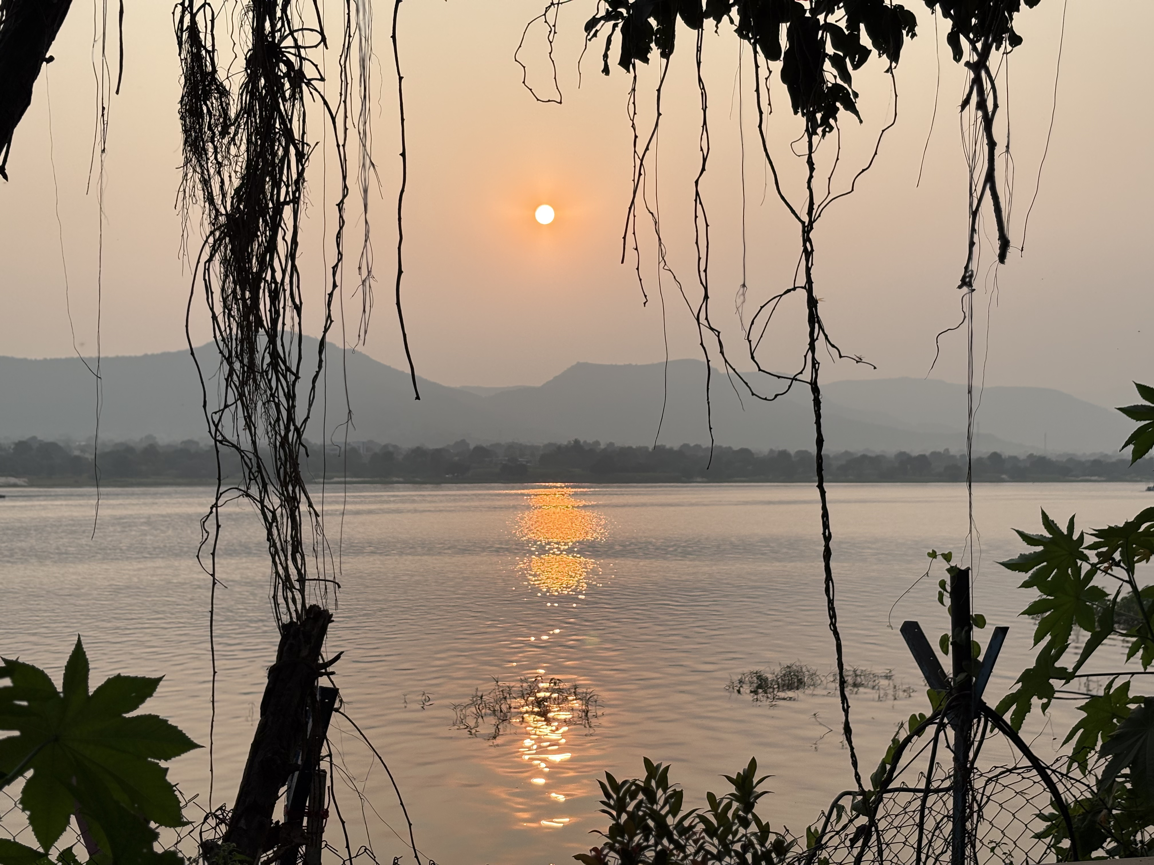 The sky is filled with a soft, hazy glow, dominated by warm, muted tones of pale orange, gold, and dusty rose. The sun, a bright, clear circle of brilliant orange-gold, is positioned high in the center of the frame. The overall atmosphere feels slightly misty or dusty, which softens the light and enhances the warm color palette.