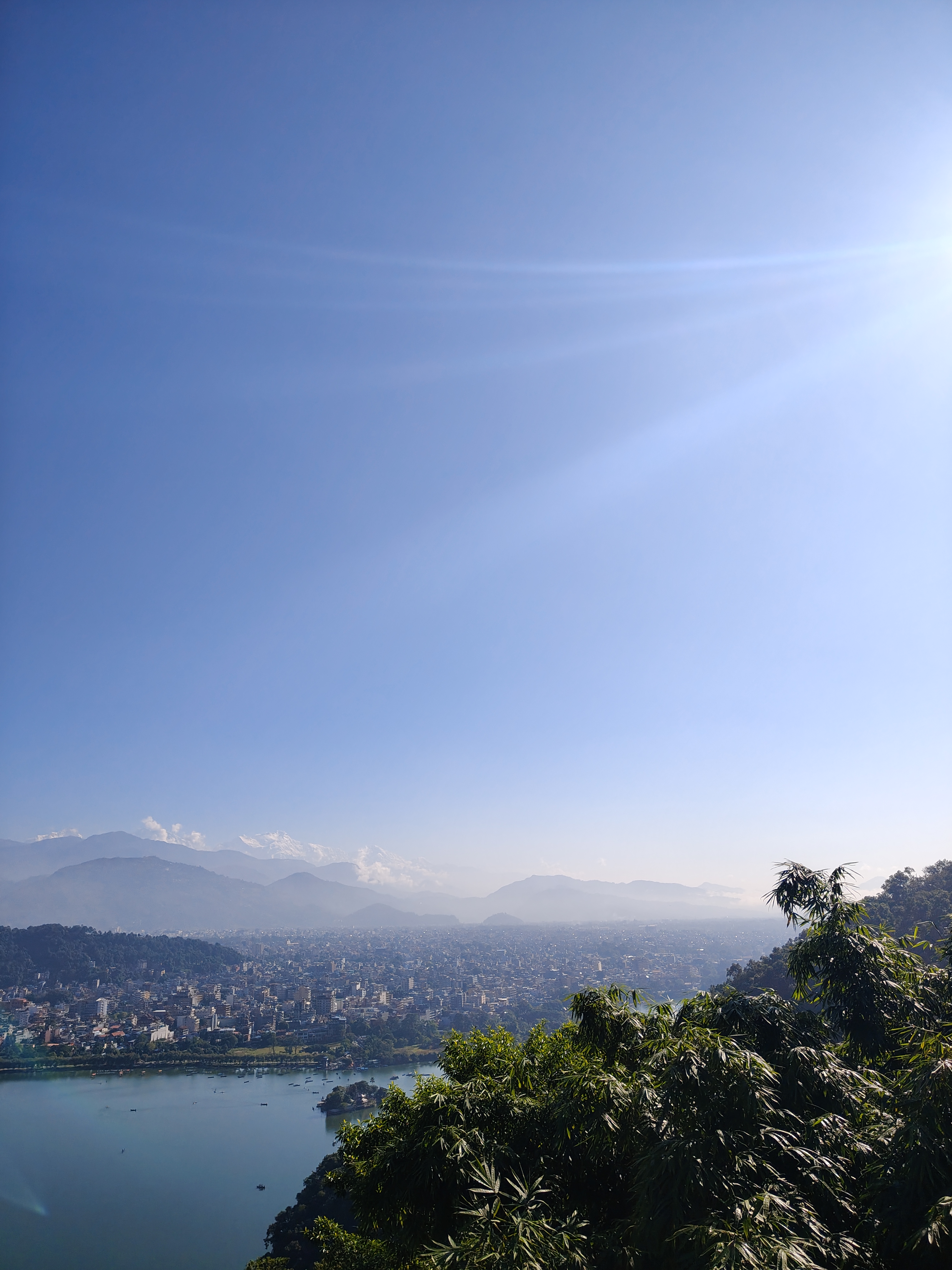 A panoramic view of a city situated near a body of water, with lush greenery in the foreground.