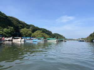 A scenic view of a calm river lined with boats, some painted white and blue, docked along the banks surrounded by lush green trees under a bright blue sky.