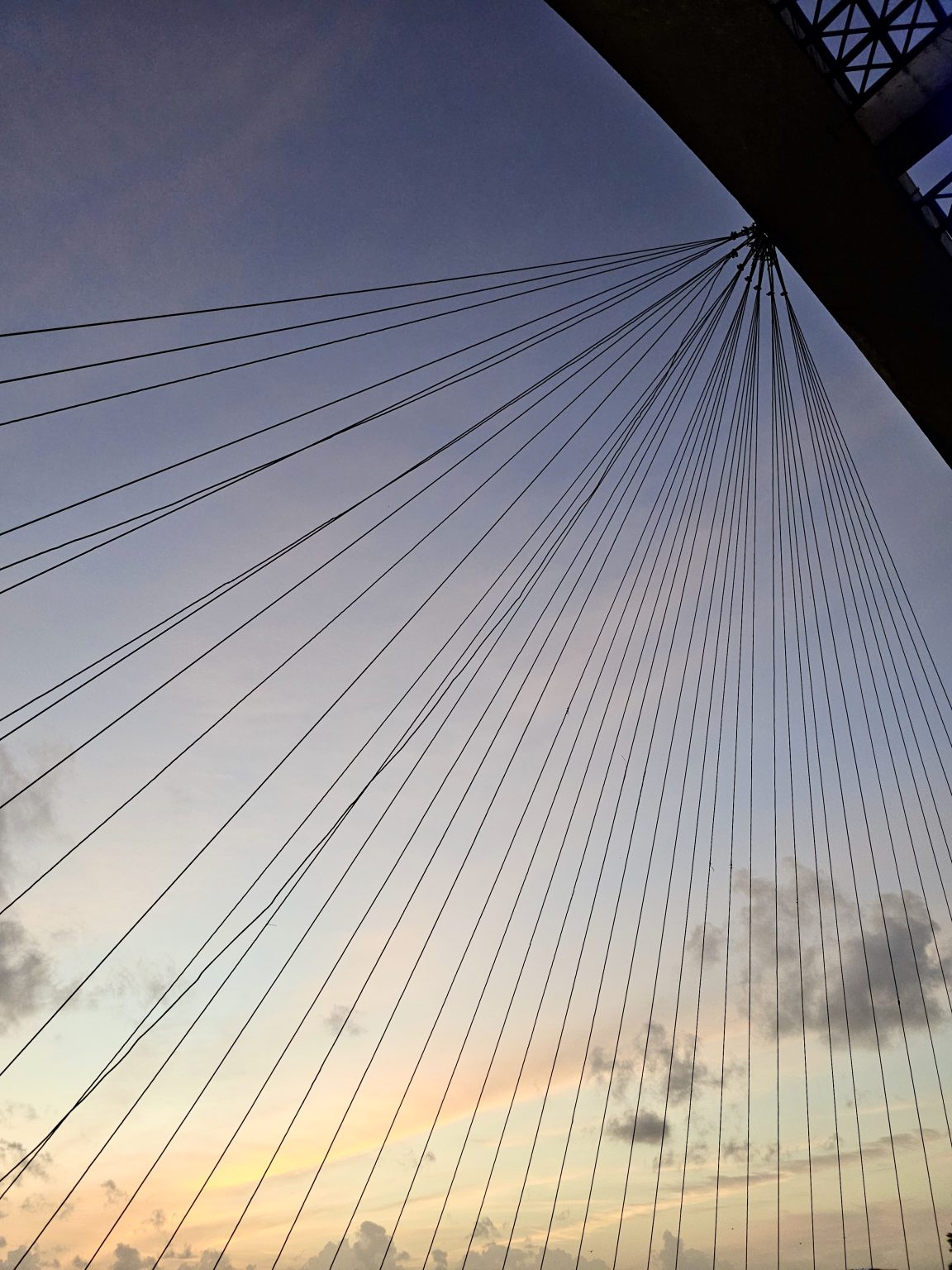 Thin steel bridge cables stretch from a high point, forming symmetrical lines across a soft pastel evening sky. Taken at Marine Drive, Kochi.