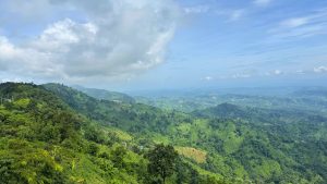 A panoramic view of lush green mountains in Bandarban, Bangladesh, under a partly cloudy sky