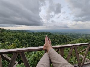 A pair of bare feet resting on a wooden railing, overlooking a lush green landscape with rolling hills under a cloudy sky.
