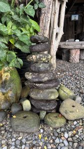 A pile of dark stones of different sizes is placed in front of green plants and a dry wooden branch, and a sitting tool in its background.