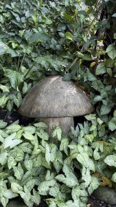 A round, mushroom-shaped structure on a wooden base, partly hidden by lush variegated foliage with soft shadows on it.