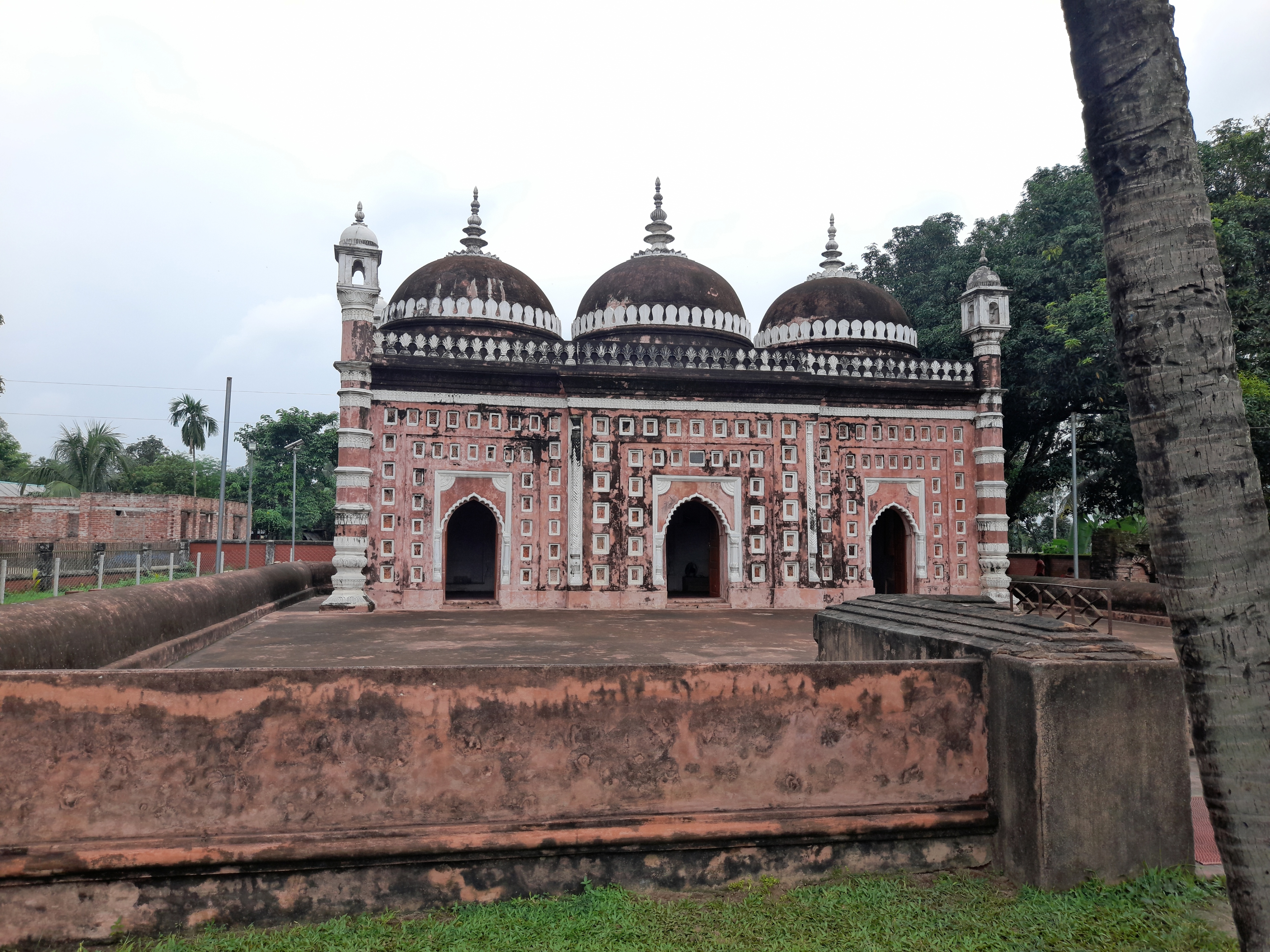 A historic mosque with three brown domes and geometric patterns, set behind an old wall and a palm tree.