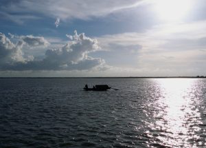 A boatman rowing his boat across river Padma in Faridpur, Bangladesh in the afternoon.
