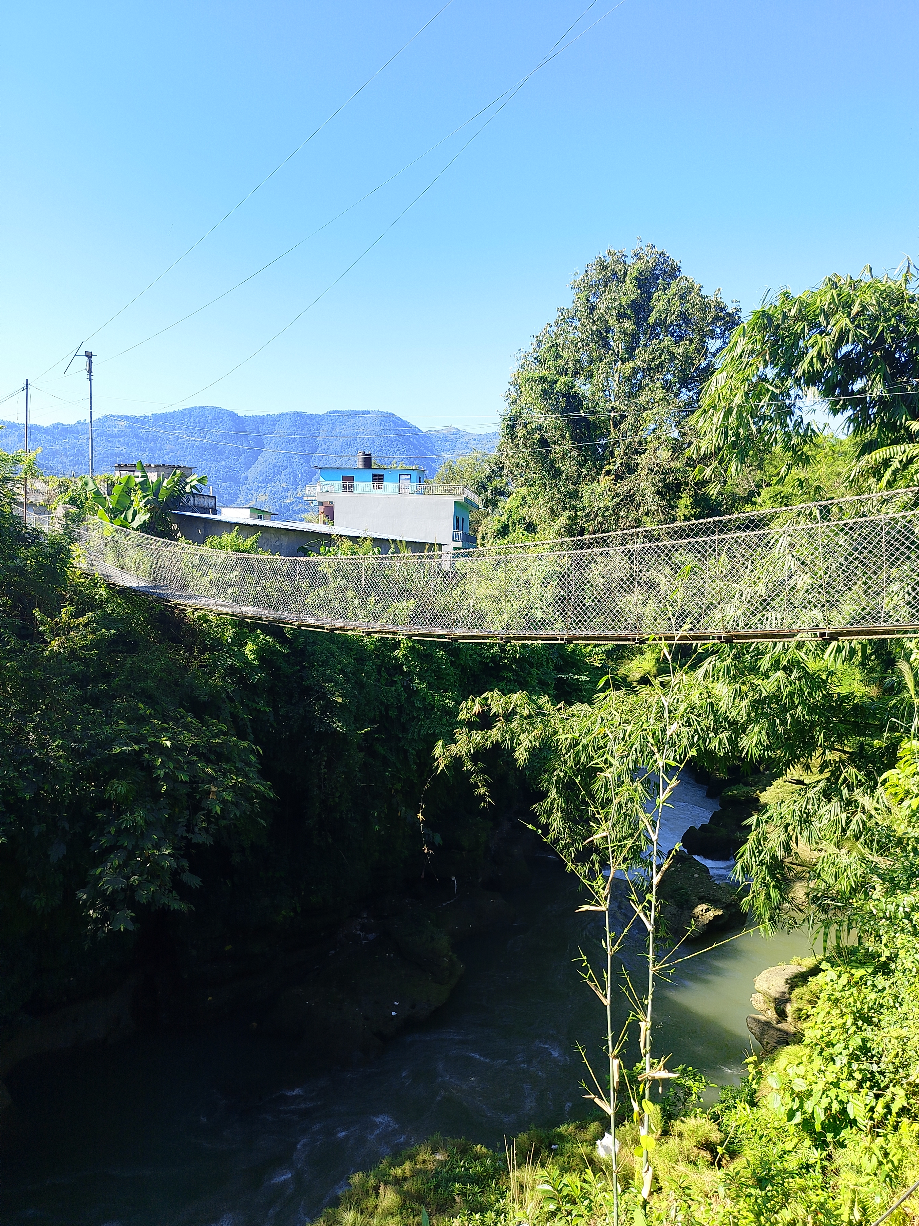 A scenic view featuring a suspension bridge crossing over a river surrounded by lush green vegetation.