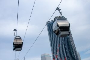 Skyscrapers at Yokohama Pier and the ropeway spanning the sea

