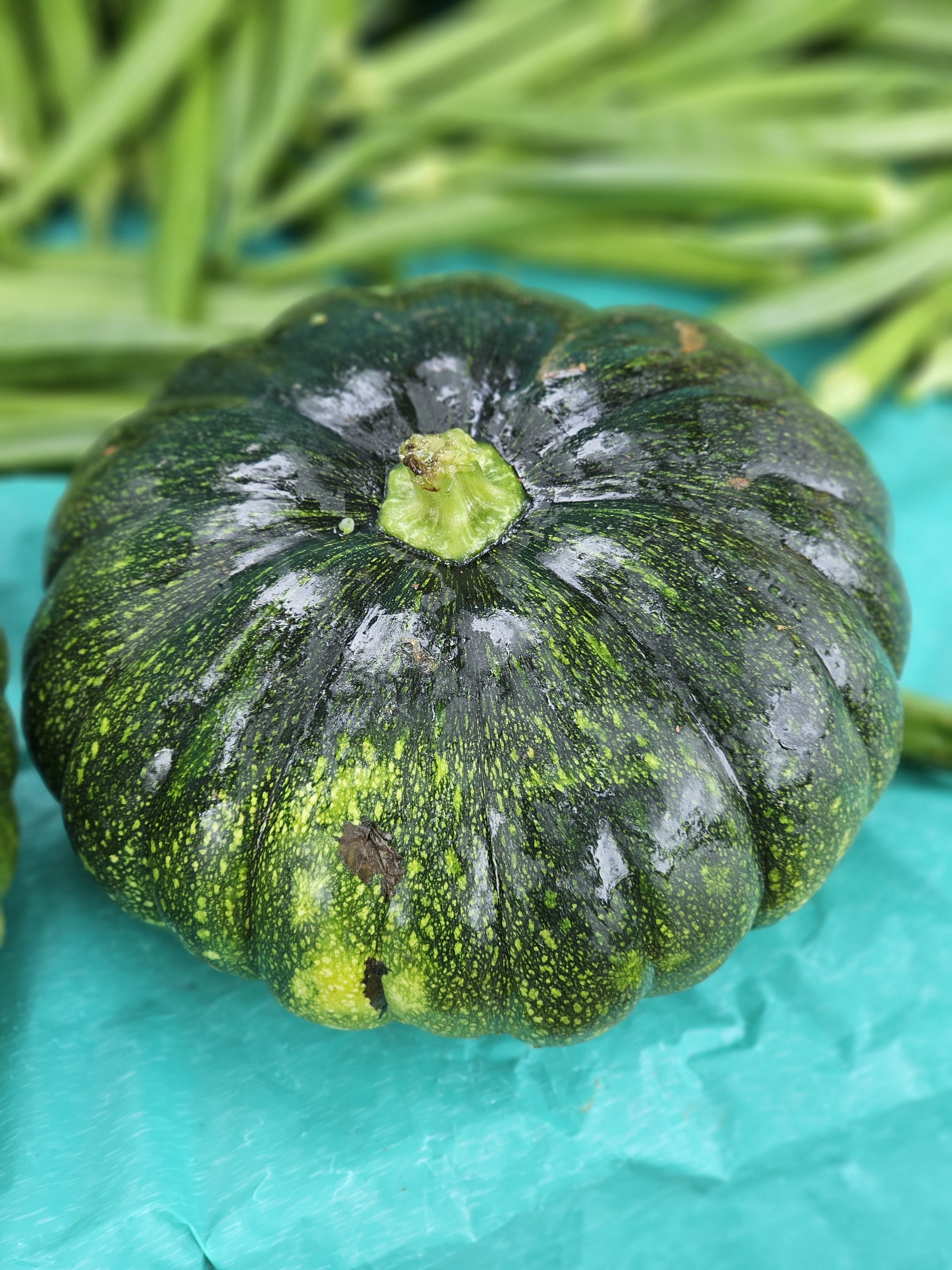 Close-up shot of a dark green round pumpkin with natural yellow spots. The fresh okra in the background adds a vivid texture. Taken in Peruvayal, Kozhikode.
