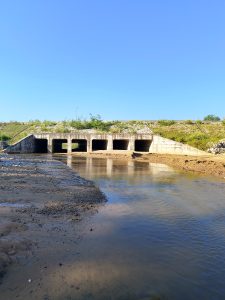 A concrete bridge with multiple arches spans over a calm river, surrounded by grassy embankments under a clear blue sky.