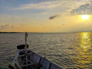 A calm river at sunset viewed from the front of a wooden boat, with golden sunlight reflecting on the water