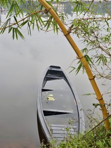 A close view of a still black boat floating quietly beneath leaning bamboo, reflecting the calm water around it. It creates a peaceful riverside moment in Vazhakkad, Malappuram.