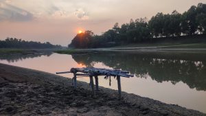 A calm river at sunset, with a small bamboo platform on the cracked, muddy bank and sunlight reflecting through the trees onto the water.