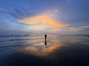 A person walks along a wet beach at sunset, silhouetted against a colorful sky with orange and blue hues.
