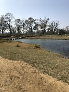 A tranquil landscape featuring a river bordered by grassy banks. 