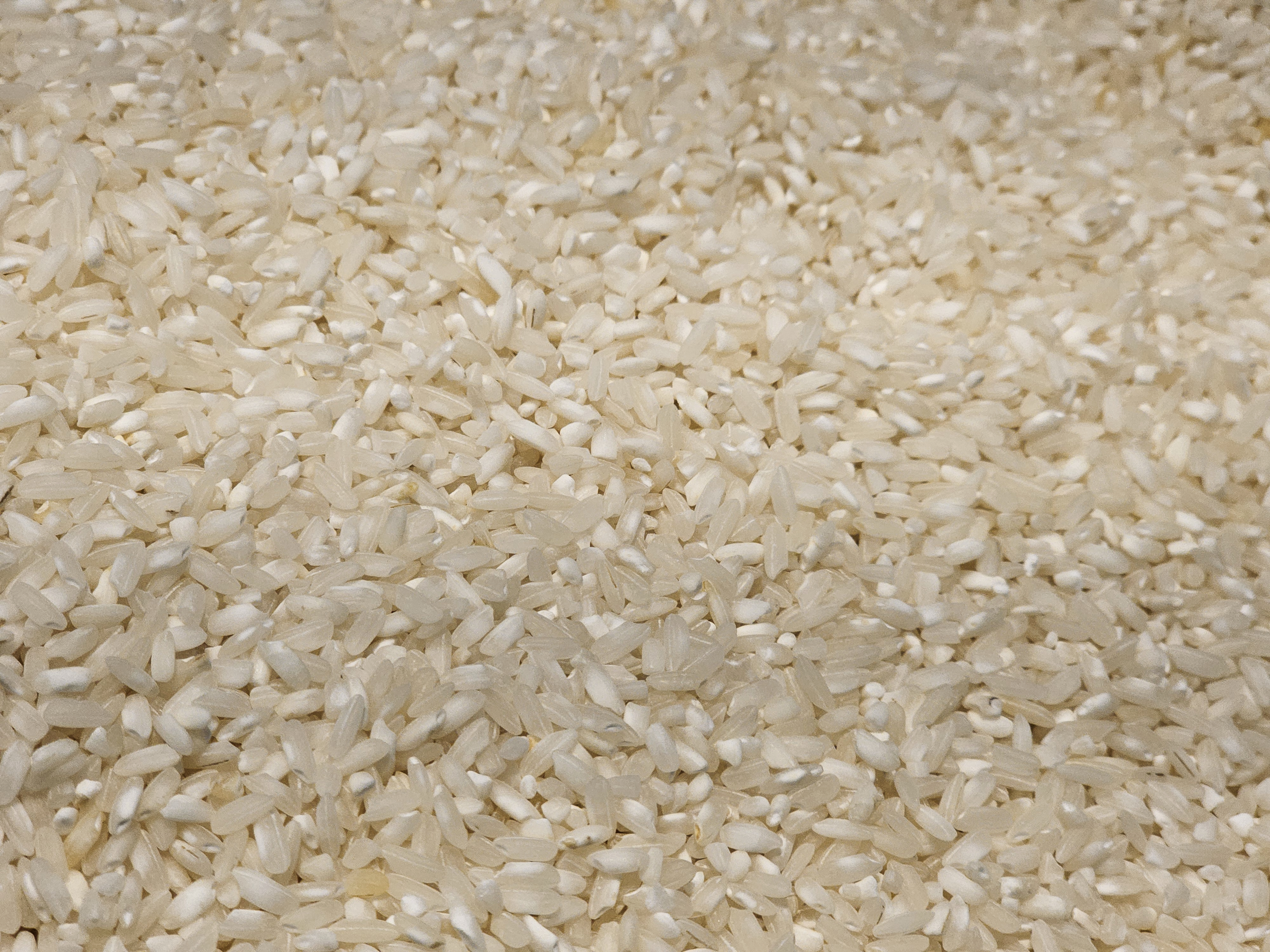 Short white rice grains are displayed in bulk at a hypermarket in Kozhikode. The smooth, polished grains are a common rice variety used in Kerala homes for breakfasts like dosa and idli.