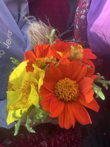 A person&#039;s hands are holding a vibrant bouquet of flowers