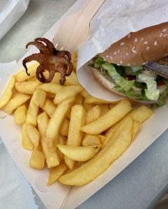 Baby Octopus on the top of French Fry with the burger served for lunch! Bon Apetite!