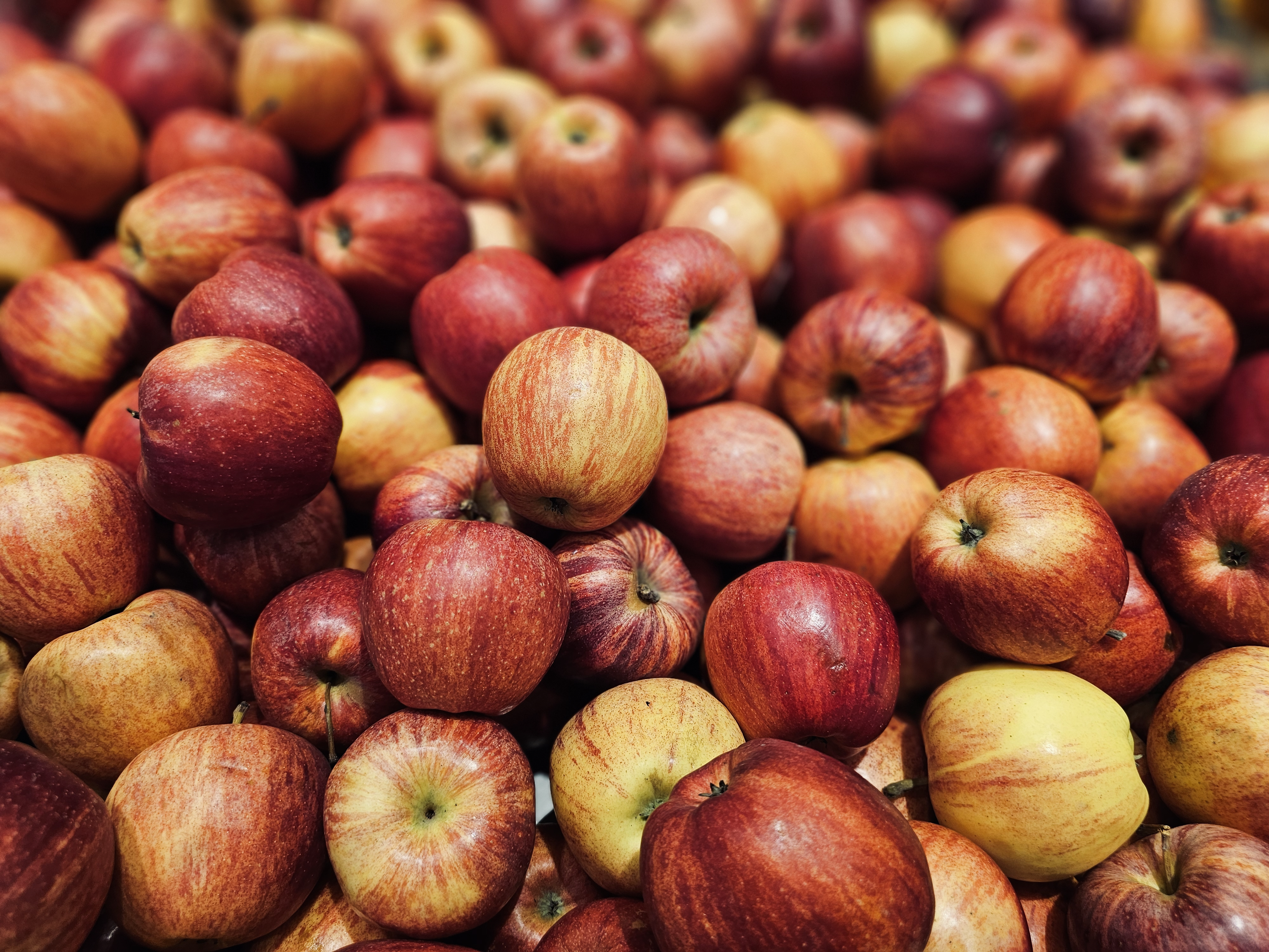 A pile of fresh red apples stacked together at a hypermarket in Kozhikode, Kerala.