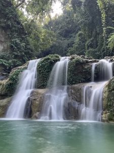 A peaceful waterfall flows down rocks, surrounded by lush greenery at Baikuntha Taal.