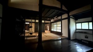 This photo was taken at the Edo-Tokyo Open Air Architectural Museum in Koganei, Tokyo. It shows the interior of an old traditional Japanese house.