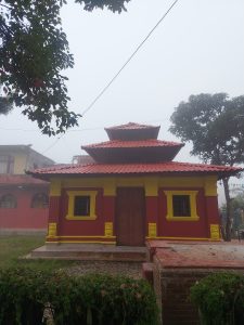 A picture of a Deuti bajai temple in Surkhet, Nepal. The day seems foggy, and each side of the temple has hanging branches of the trees.