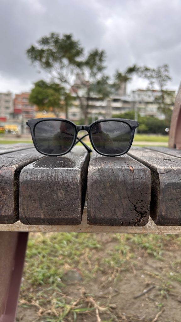 Black sunglasses rest on a weathered wooden bench. The background features blurred greenery and buildings under a cloudy sky.