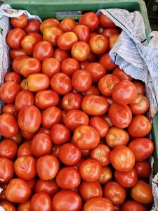 Red tomatoes displayed in a green plastic crate lined with newspaper at a local market in Asalpha, Mumbai, Maharashtra.