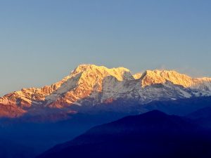 The snow-covered Annapurna Himalayan Range glows in golden sunlight beneath a clear blue sky.