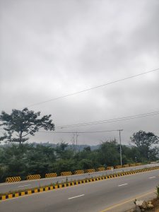 A cloudy sky looms overhead, casting a grayish ambiance over a roadside scene.