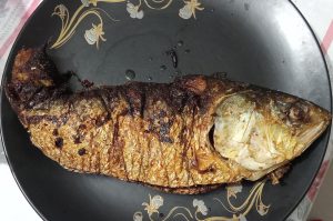 A whole cooked fish on a plate, made using a Hisla fish recipe in Barishal, Bangladesh