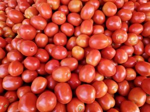 A large pile of ripe red tomatoes for sale at a market in Asalpha, Mumbai, Maharashtra. 