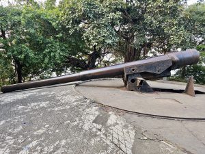 A full view of the large old cannon at the Elephanta Caves in Mumbai, set against green trees. The long barrel and rusted frame highlight its historic importance on the island. 