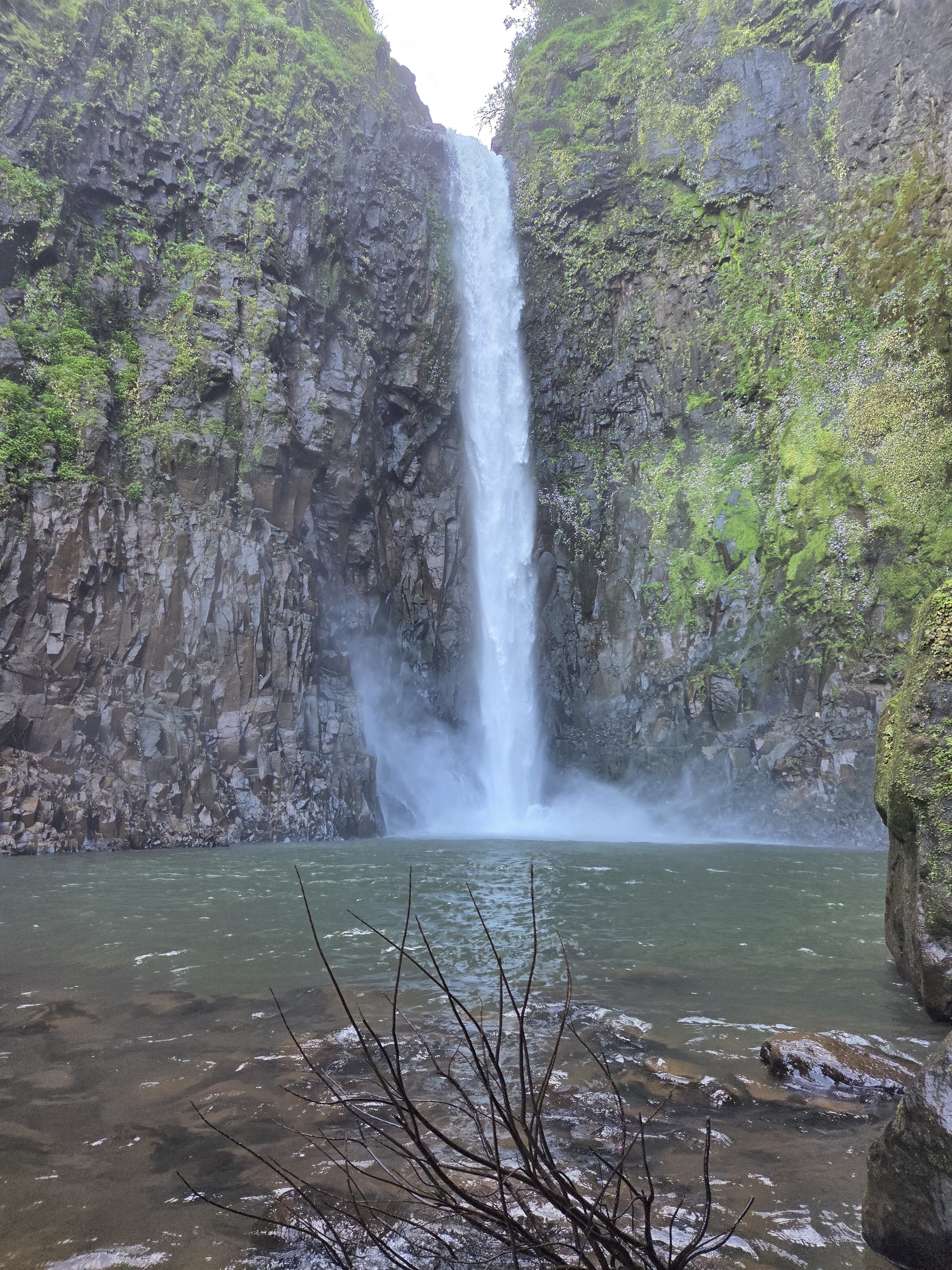 The image of a Beautiful Waterfall coming across the gaps from the two big and high rocks falling into the river. The stones contain green plants.
