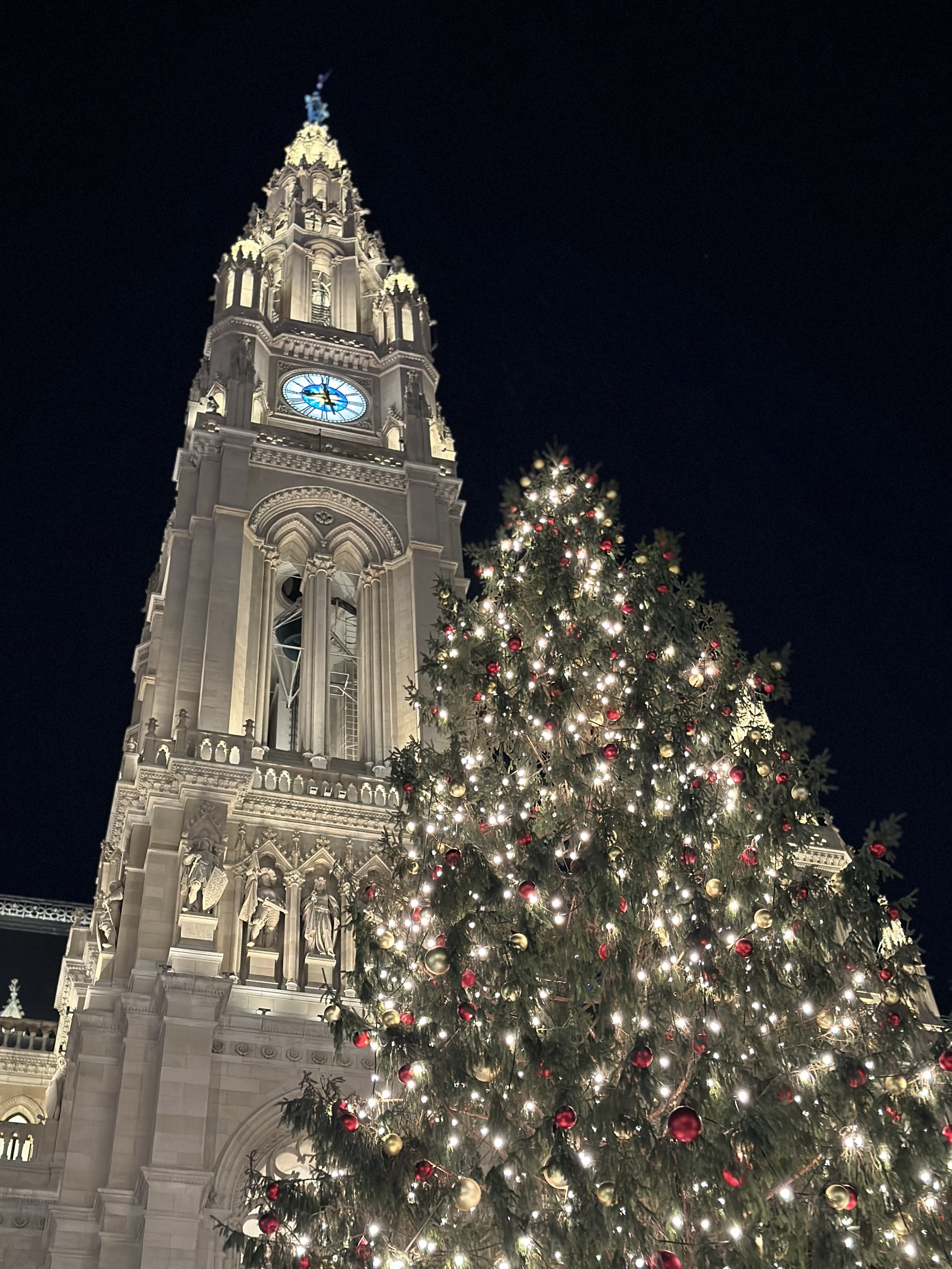 A magnificent Christmas tree glows with twinkling white lights and red-and-gold ornaments in front of Vienna’s iconic, beautifully illuminated Rathaus. The Gothic tower, crowned with its blue-lit clock, rises elegantly into the night sky, creating a magical contrast with the festive decorations below. The scene captures the enchanting spirit of Christmas in Vienna—where historic architecture and holiday sparkle come together in perfect harmony.