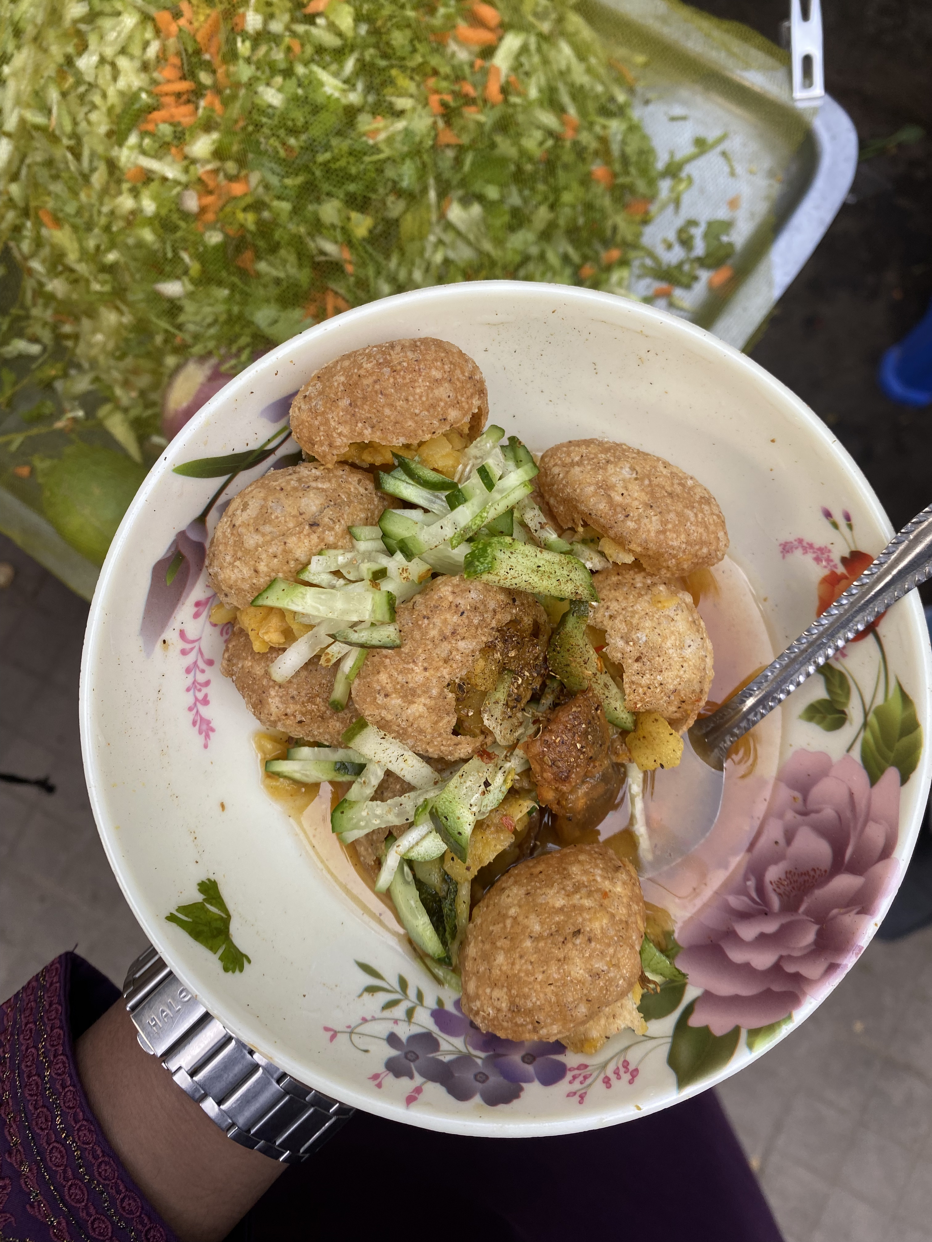 A bowl of Pani Puri with crispy shells, chopped cucumbers, and spices against a fresh green background.