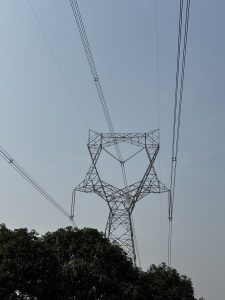 A picture of a high-voltage electric light pole with multiple wires at different ends. The background features a clear view of a sky with a large tree at the forefront.

