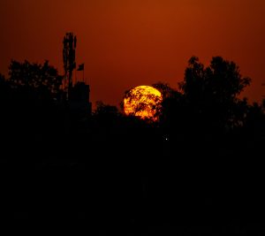 A fiery orange sun sinks behind silhouetted trees and a lone communication tower, casting a dramatic glow across the darkened skyline at dusk.