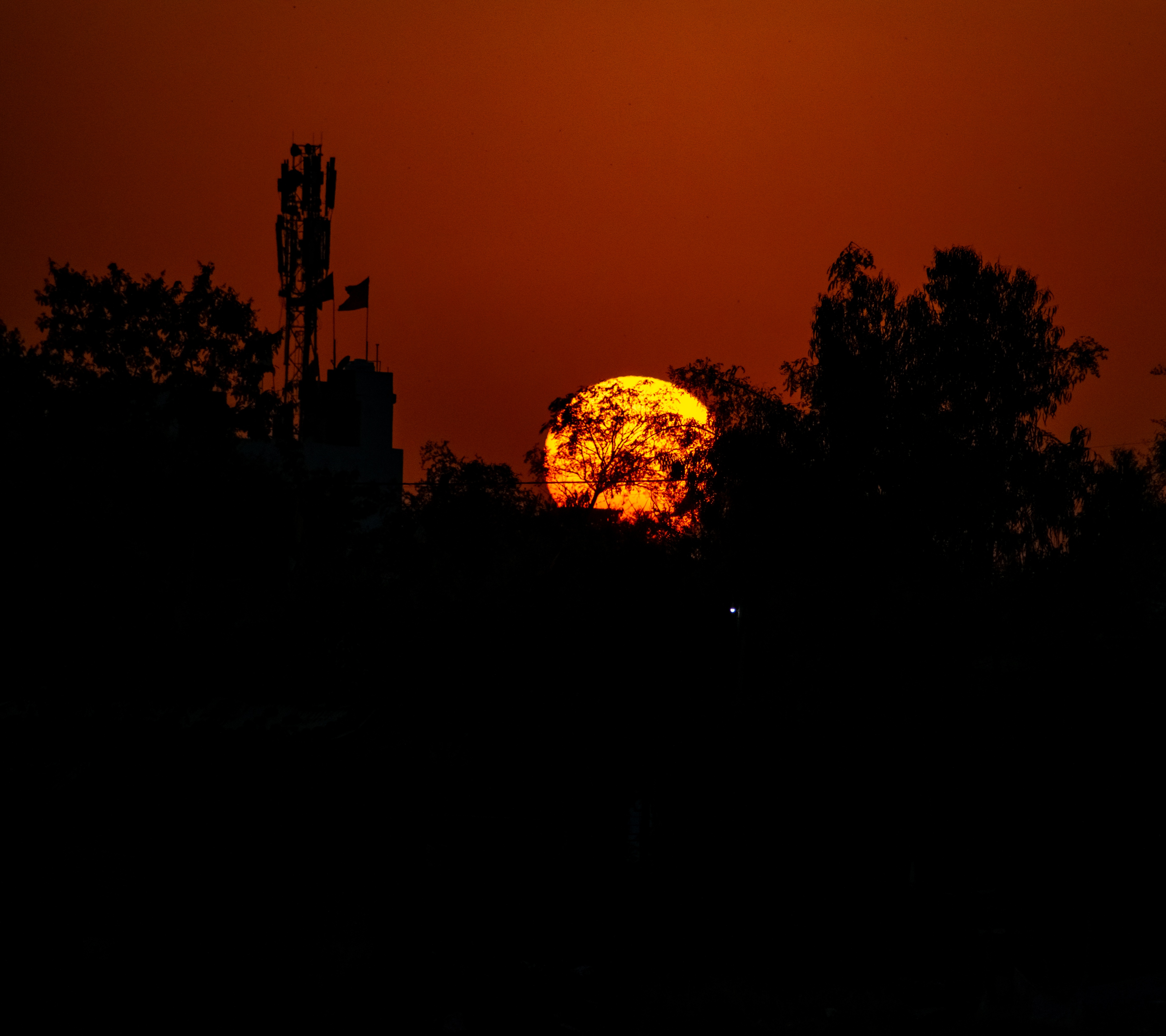 A fiery orange sun sinks behind silhouetted trees and a lone communication tower, casting a dramatic glow across the darkened skyline at dusk.