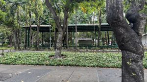 A long, white covered walkway or shelter with white supporting pillars, bordering a sidewalk with a red and white curb, looking into a lush green park area beyond.
