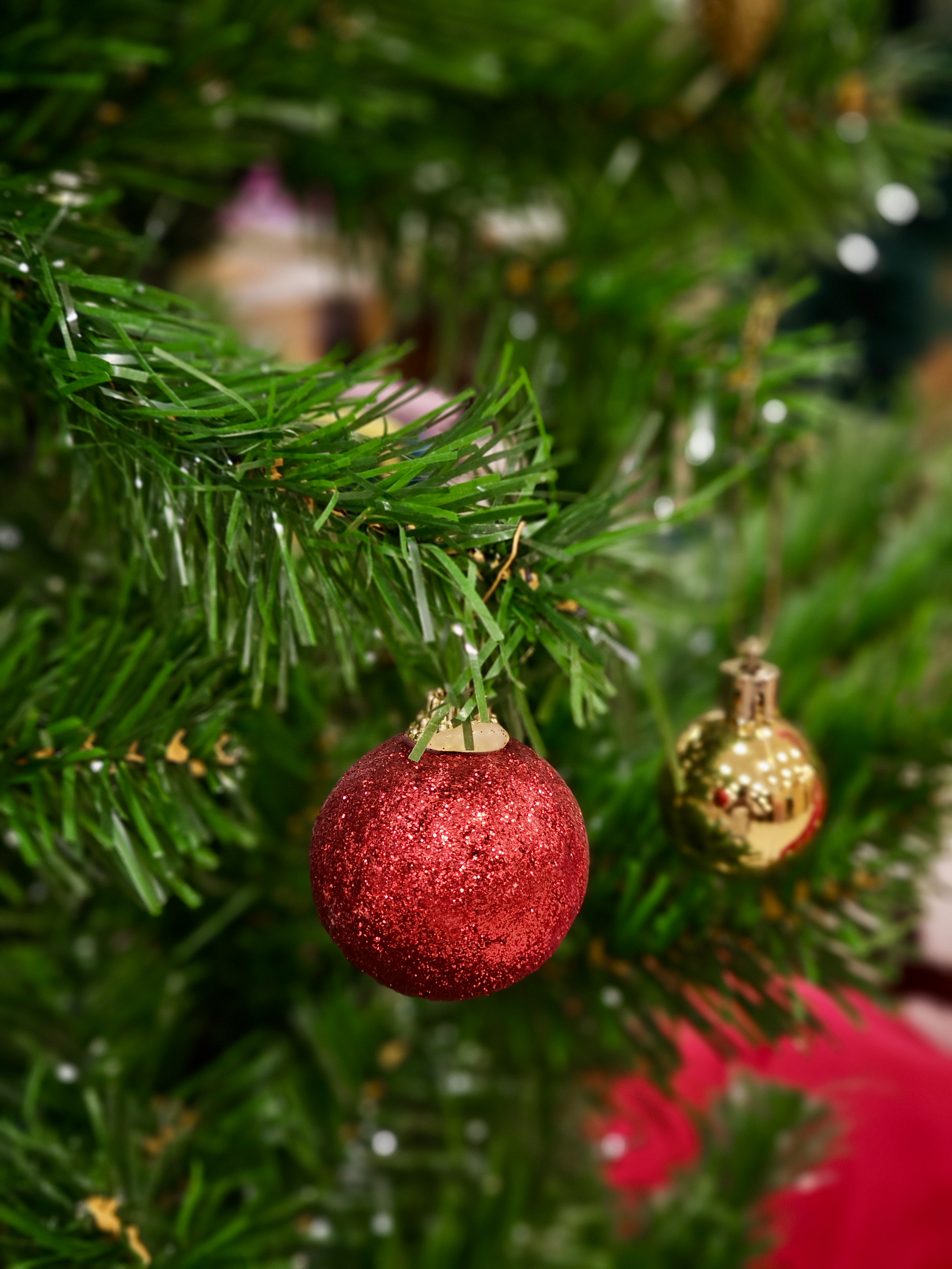 A shiny red Christmas ornament hanging on green artificial pine branches. The soft background blur adds depth and festive warmth. This indoor festive detail was captured in Kozhikode, Kerala, during seasonal decorations. 
