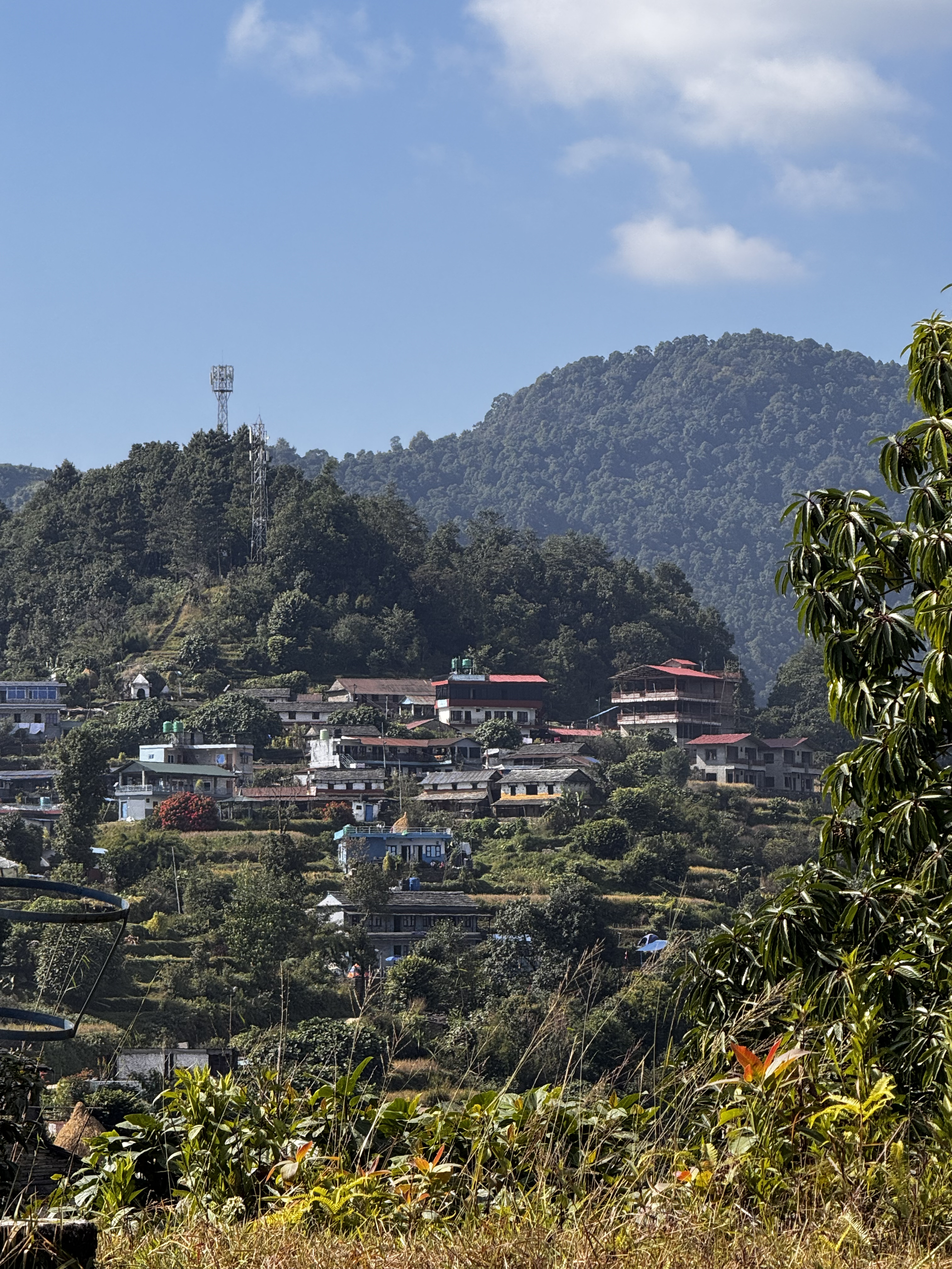 A serene mountainous landscape featuring a hillside village with various houses, some with red roofs, interspersed with greenery.