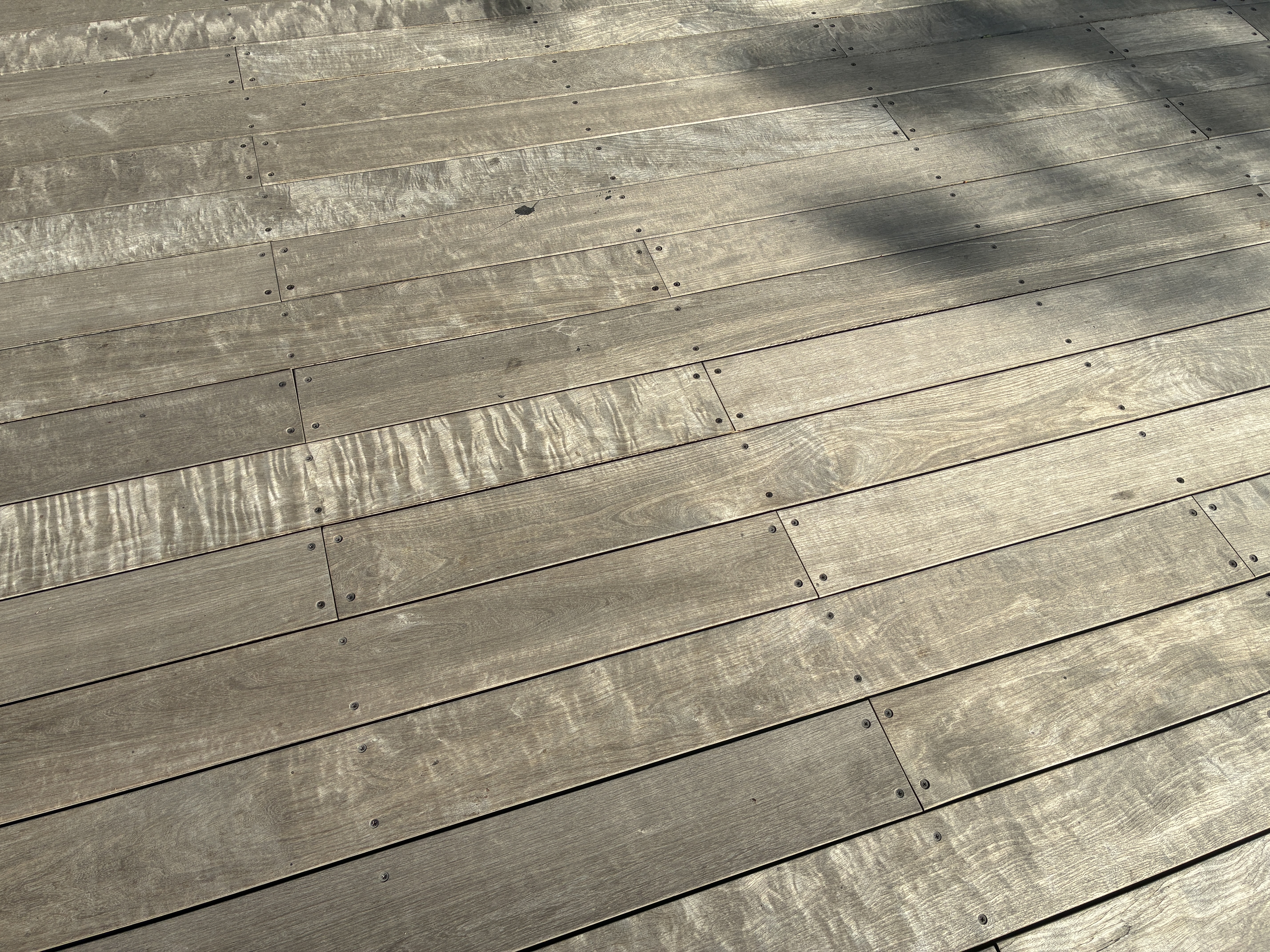 A close-up view of a wooden deck, featuring long, evenly spaced planks secured with small metal screws. The wood shows natural grain patterns and subtle weathering, giving it a rustic, sun-washed look. Soft shadows fall across the boards, adding depth and texture to the simple, minimalistic scene.