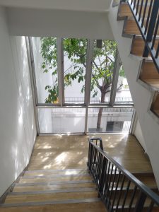 A staircase inside a building, with sunlight streaming through, looking through the glass to see trees outside.