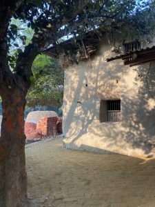 A rustic scene depicting the side of a mud house with a tiled roof, partially shaded by a large tree.