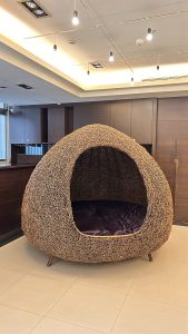 A large, dome-shaped seating structure made of woven material resembling twigs or vines, featuring a purple cushion inside.